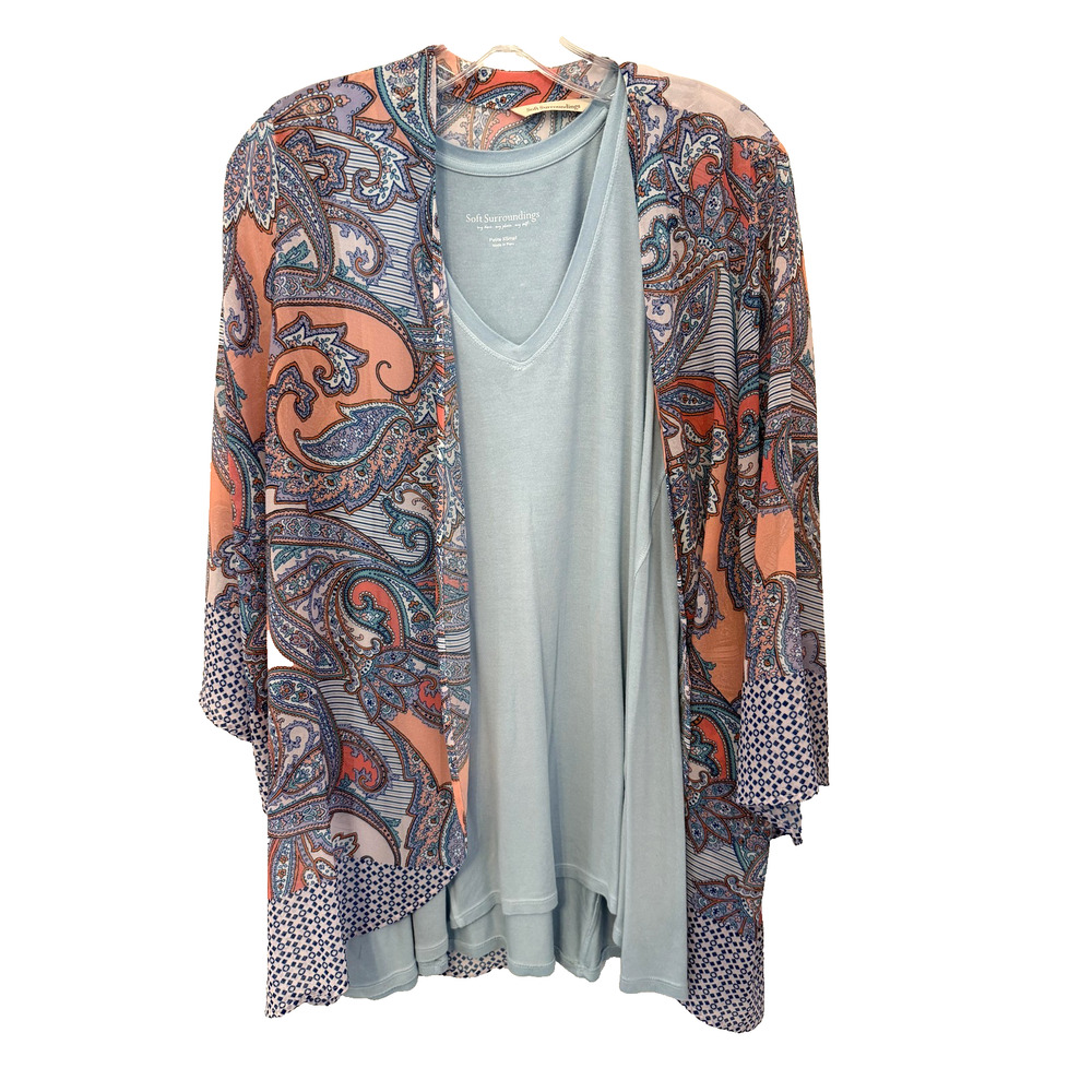 Soft Surroundings Cardigan Set Womens Xs Kimono + Tank Petite Blue Paisley
